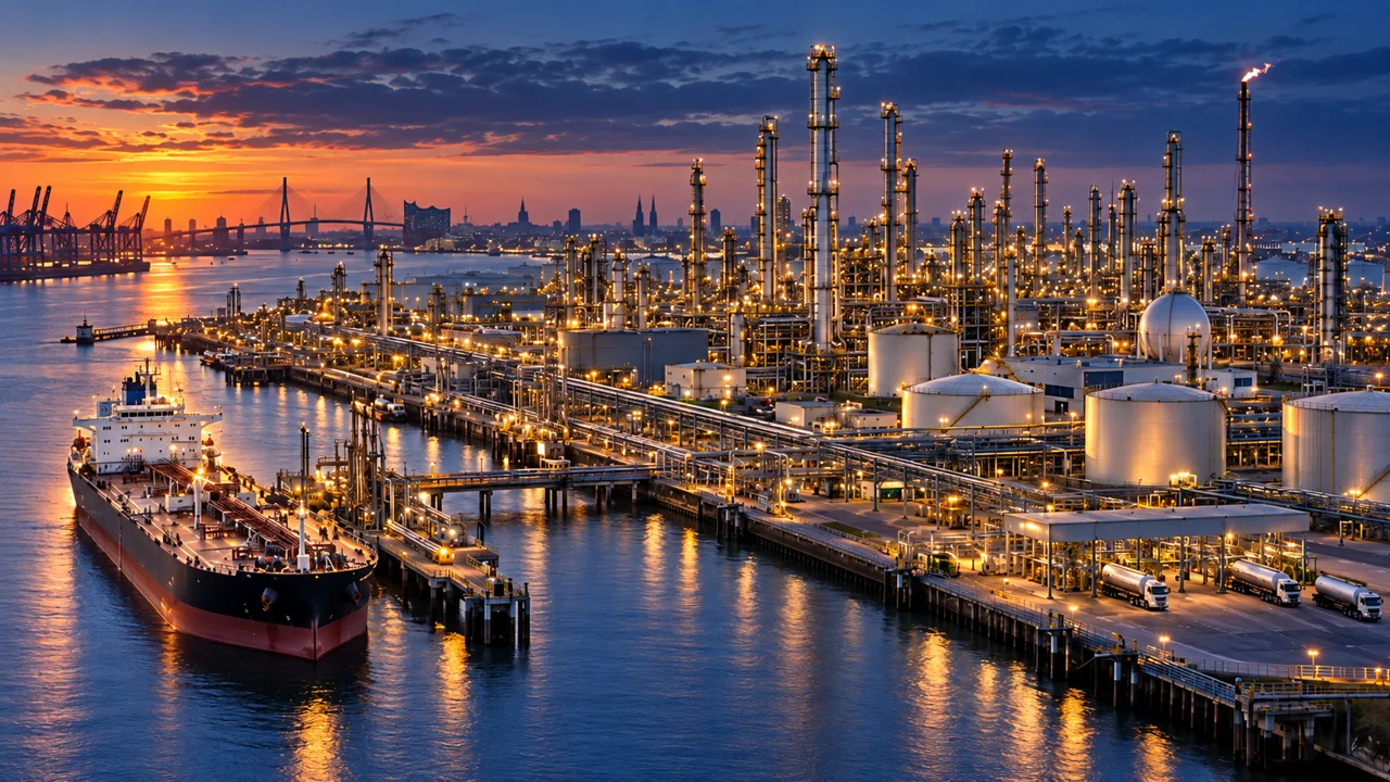 Refinery and marine terminal illuminated at dusk